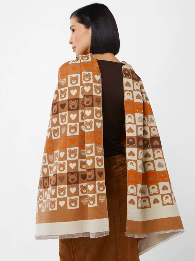 Палантин женский в клетку с мишками и сердцами