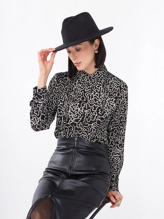Блузка из принтованного шифона черно-молочная