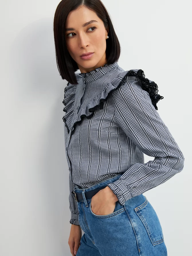 Блузка из хлопка с кружевом OD-896-2 сине- белая мелкая клетка