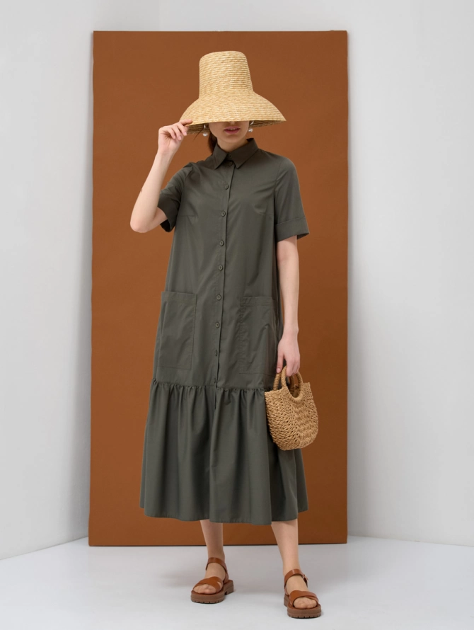 Платье-рубашка миди из хлопка цвета хаки