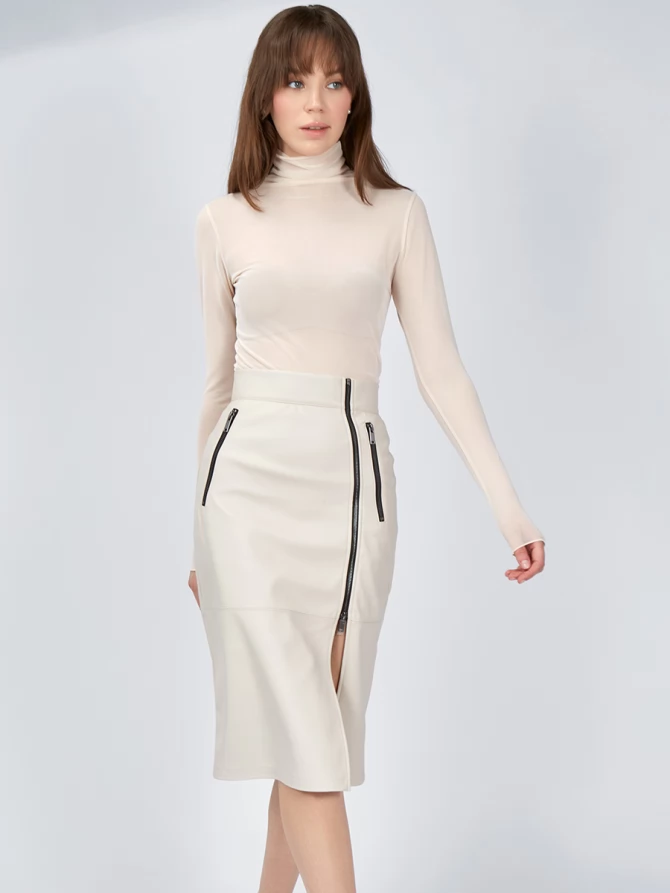 Юбка из эко-кожи с 3-мя молниями OD-863-2 бежевый