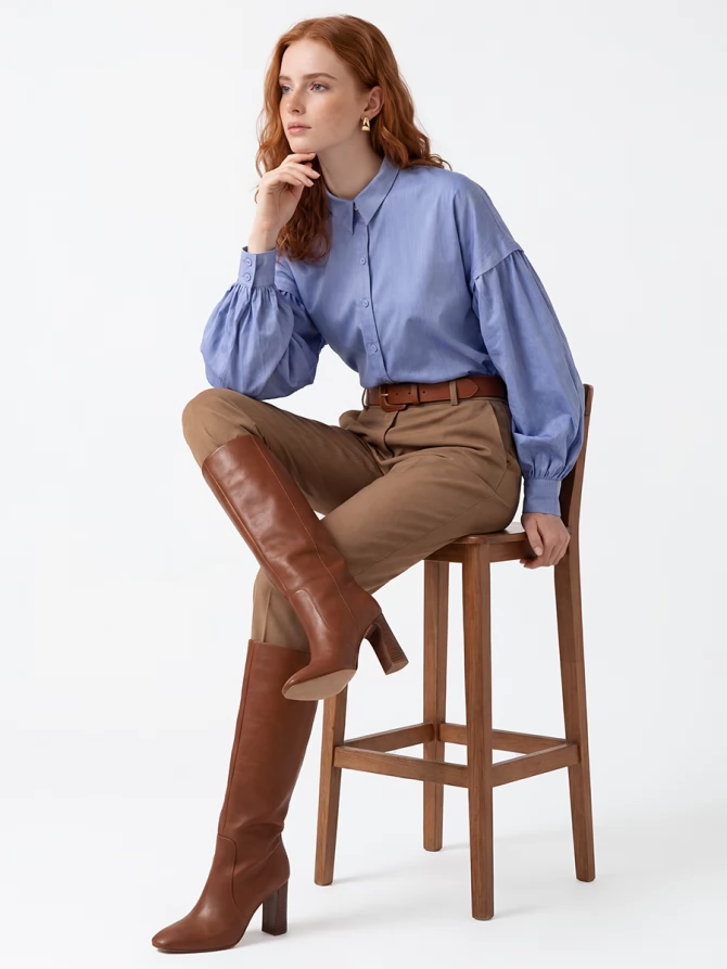 Рубашка с пышным рукавом OD-879-3 голубой джинс