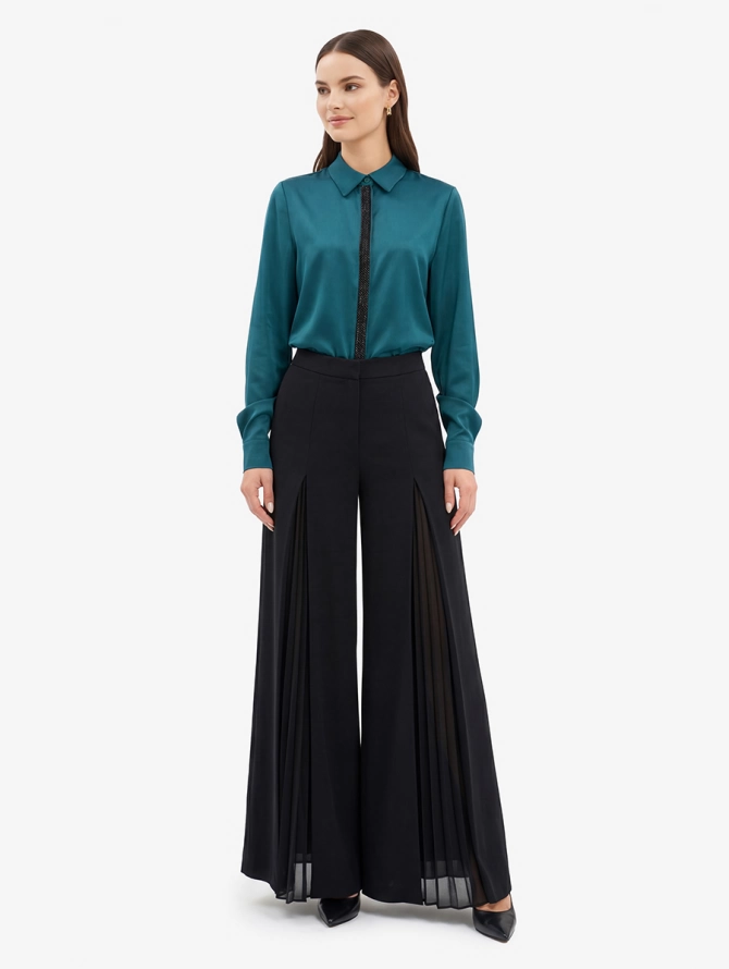 Блуза прямого силуэта с бисерной тесьмой, бутылочного цвета