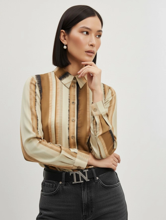 Блузка атласная принтованная, коричневый с полосой OD-887-6