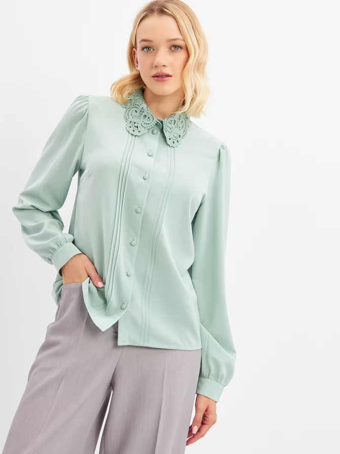 Блузка с воротником из кружева и защипами OD-913-4 св.зеленый