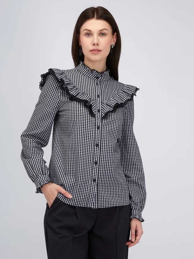 Блузка из хлопка с кружевом OD-896-1 ч/б клетка