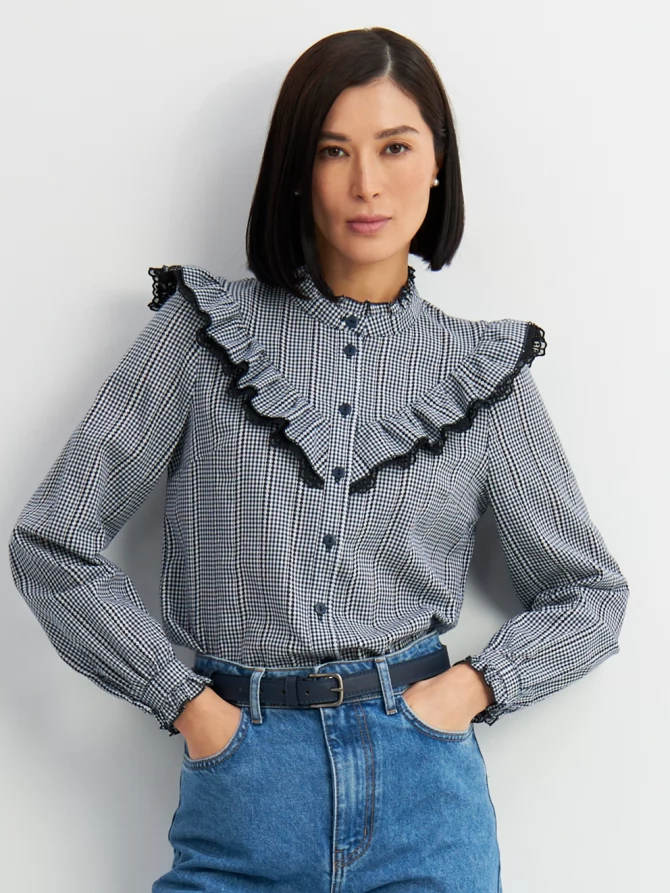 Блузка из хлопка с кружевом OD-896-2 сине- белая мелкая клетка