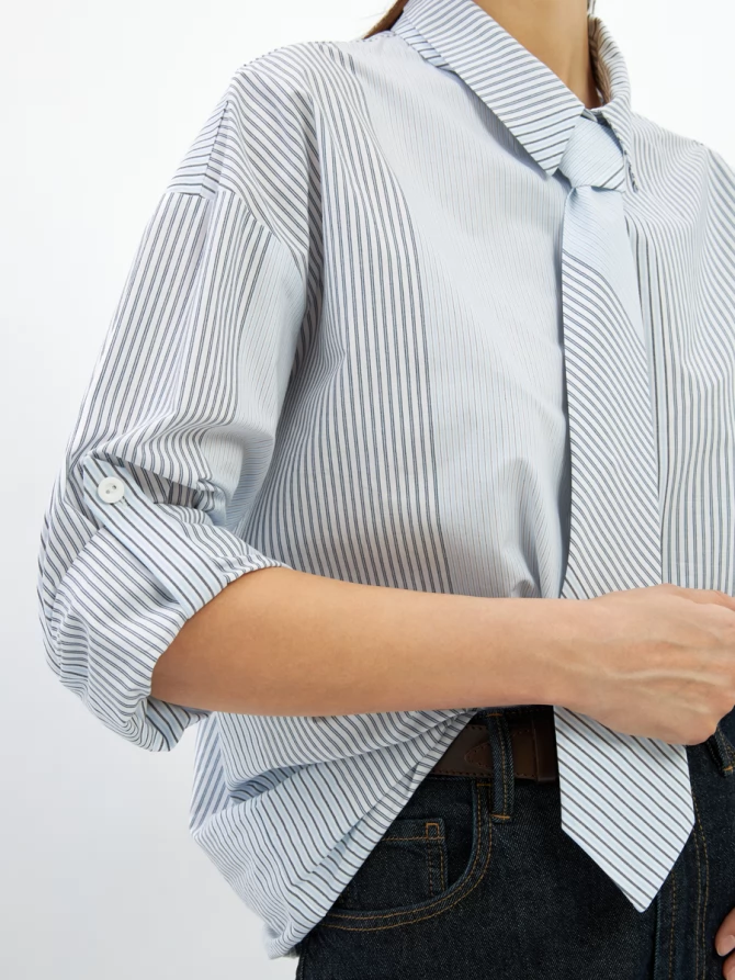 Рубашка полоса с галстуком OD-918-2 серо-голубая