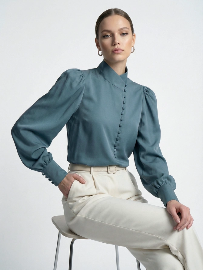 Блуза-косоворотка с множеством пуговиц, оттенок морской волны