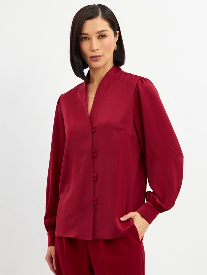 Блузка с V-образным вырезом и объемными рукавами, бордовая