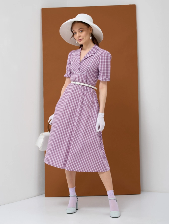 Платье хлопковое в сиренево-белую клетку