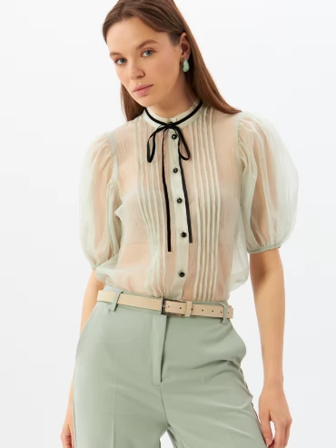 Блузка из органзы с бархатной завязкой и защипами  OD-951-2 серо-зеленый