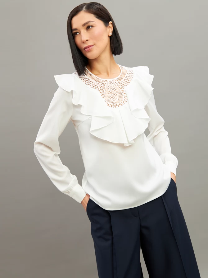 Блузка со вставкой из кружева и рюшей OD-1000-1 белый