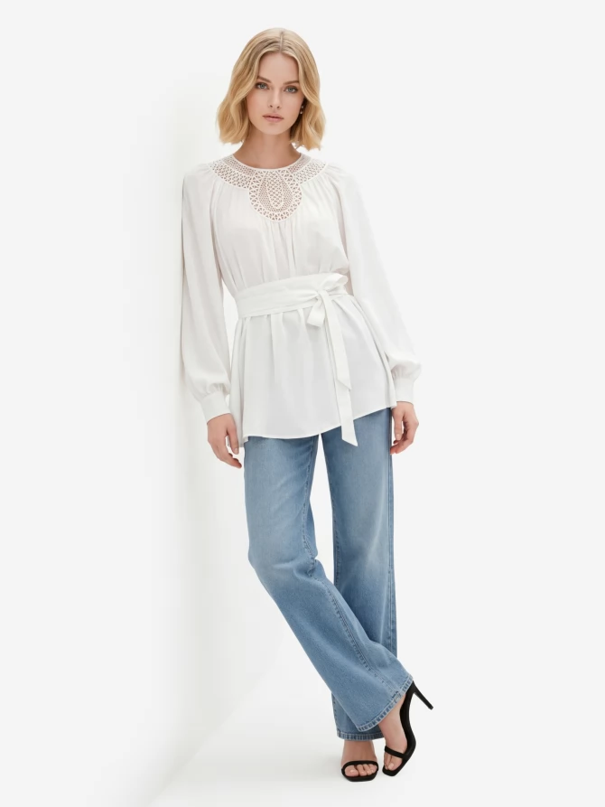 Блузка с кружевной вставкой и поясом-кушаком OD-1028-1 белый