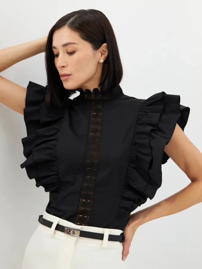 Блузка из хлопка с крыльями и кружевом OD-912-2 черный