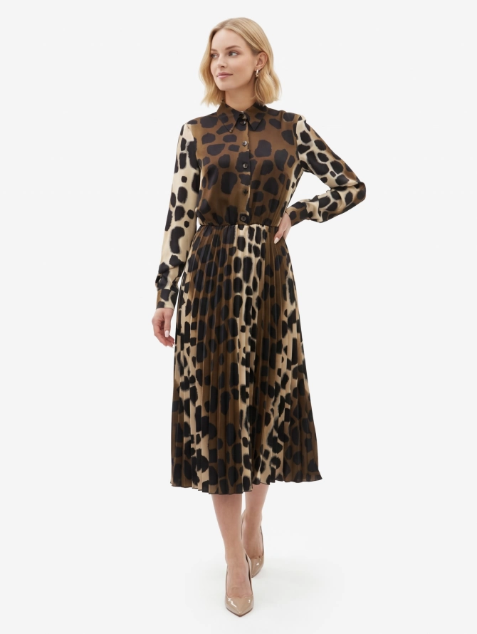 Платье с юбкой плиссе OD-883-1 леопард коричневый с хаки