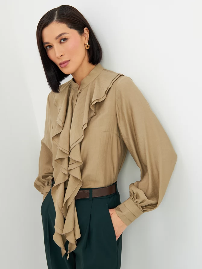 Блузкас отлетными рюшами OD-914-2 хаки