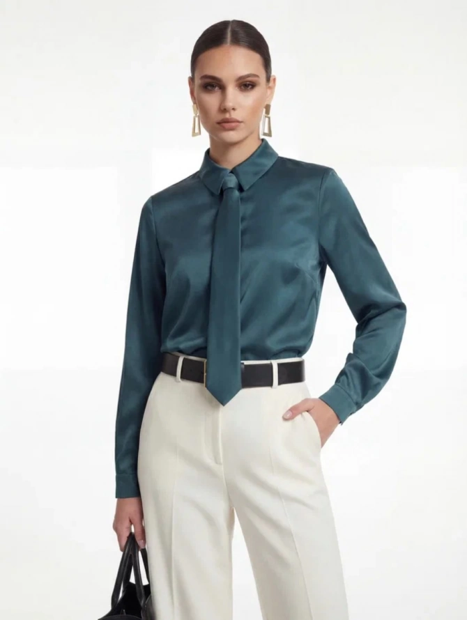 Атласная блузка с галстуком бутылочного цвета