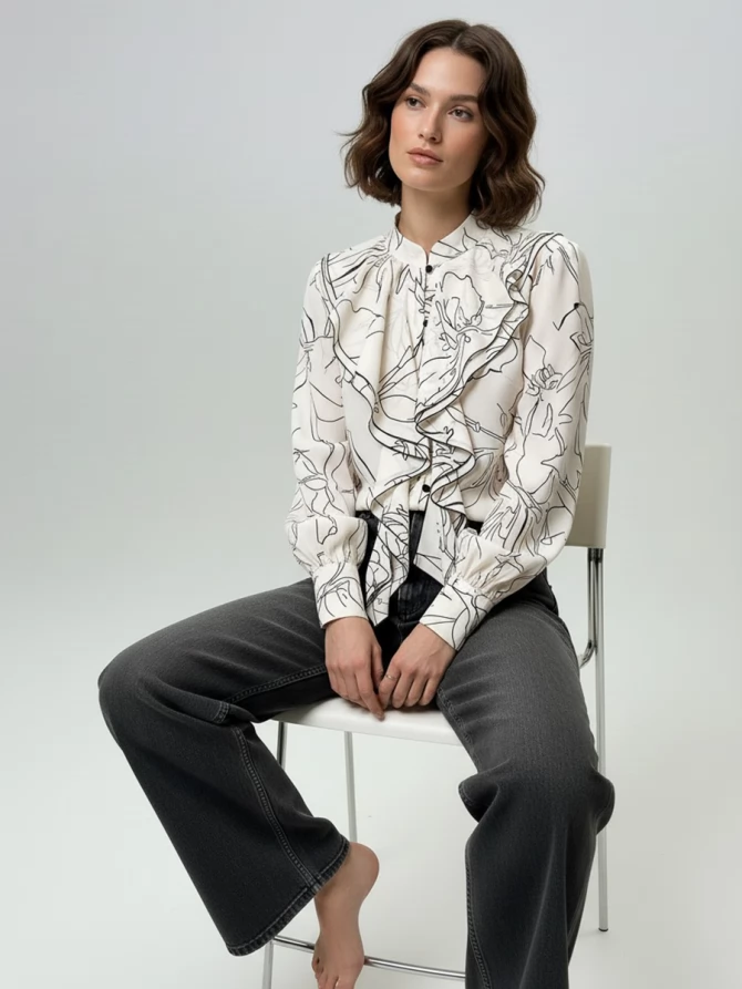 Блузка с отлетными рюшами OD-914-6 молочный с черным