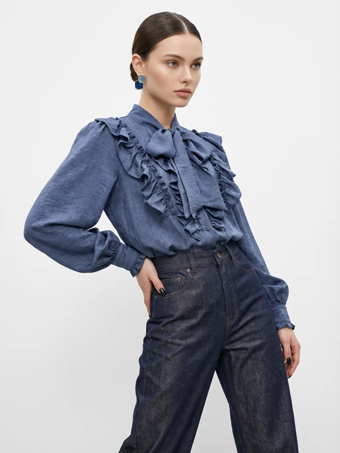 Блузка с рюшами и воротником-завязка OD-988-3 синий