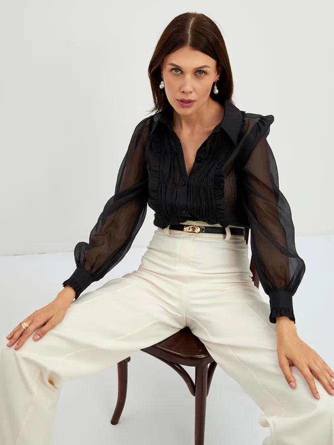 Блузка из органзы со сборкой OD-928-2 черный