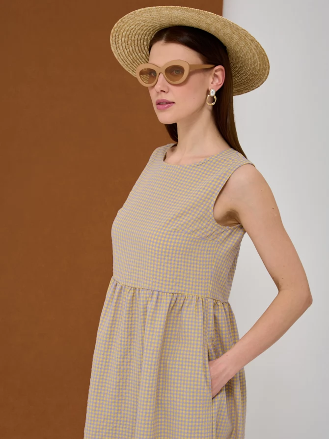 Платье хлопок OD-792-2 клетка желто-фиолетовая