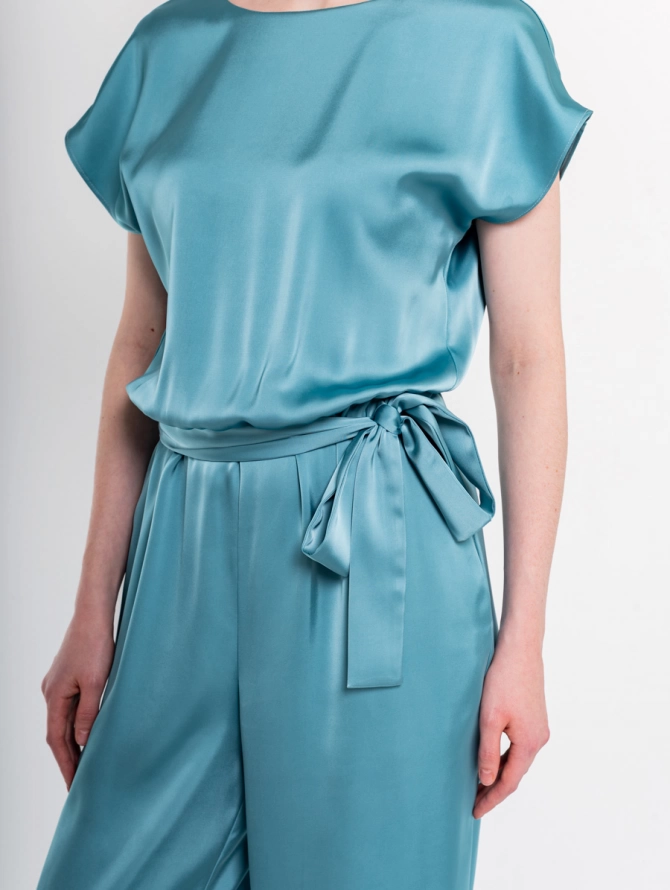 Комбинезон атласный с палаццо OD-854-1, зеленый