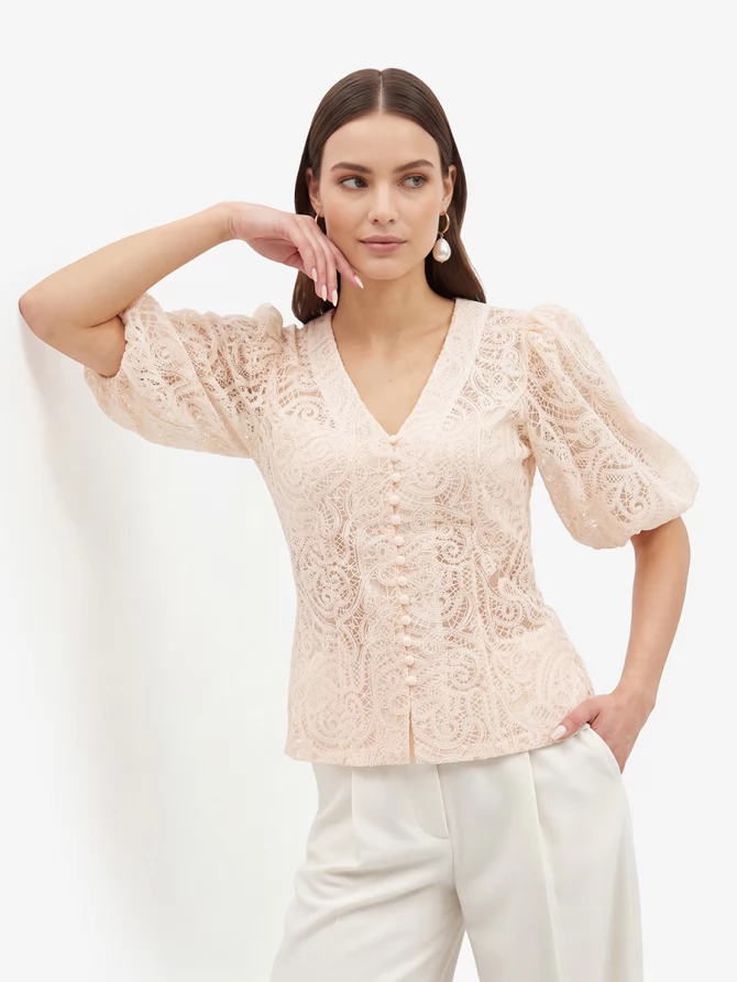 Блузка кружевная приталенная с объемным рукавом, лосось OD-1038-3