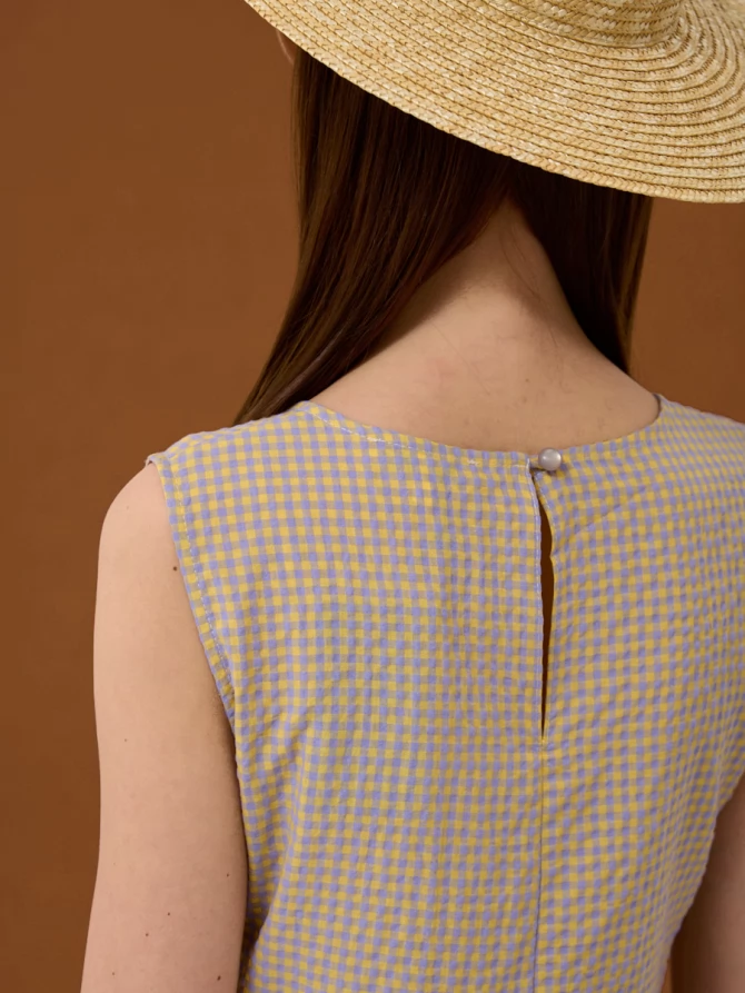 Платье миди из хлопка в желто-фиолетовую клетку OD-792-2