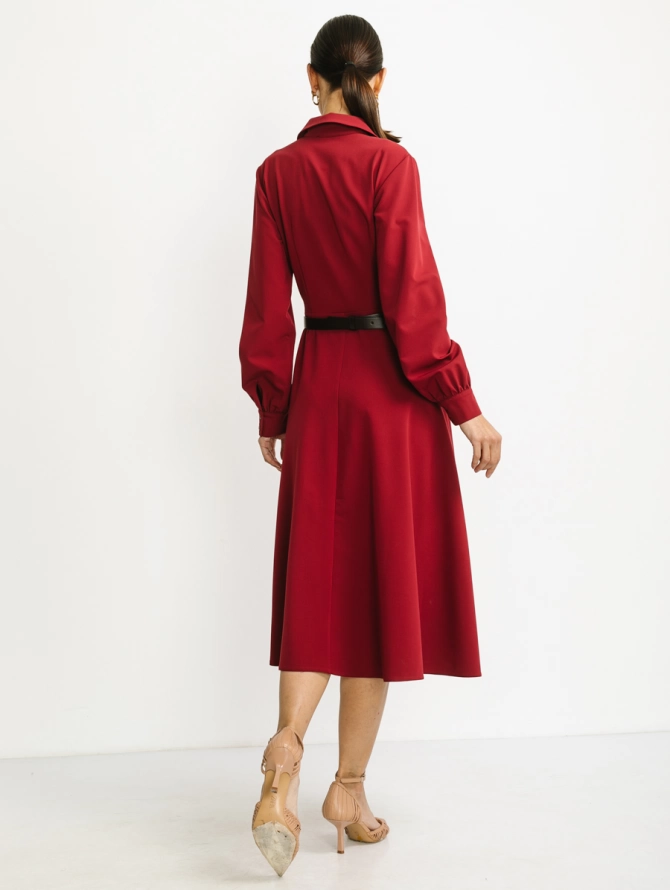 Платье бордовое миди с отложным воротником и складками OD-841-3