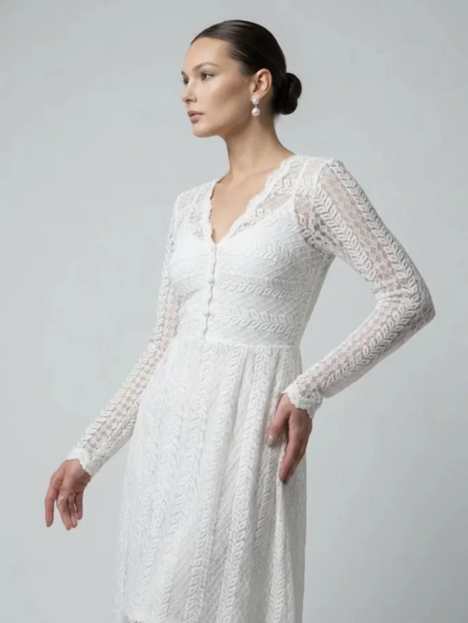 Платье из трикотажного кружева на подкладке с V-образным вырезом, белое OD-1017-2