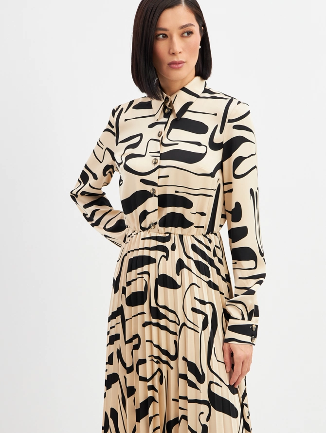 Платье с юбкой плиссе OD-883-3 бежевый с черными разводами