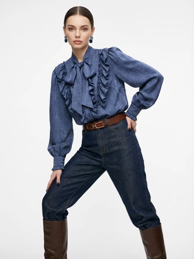Блузка с рюшами и воротником-завязка OD-988-3 синий