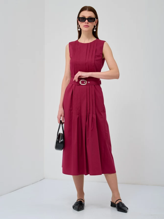 Платье хлопковое с поясом бордовое