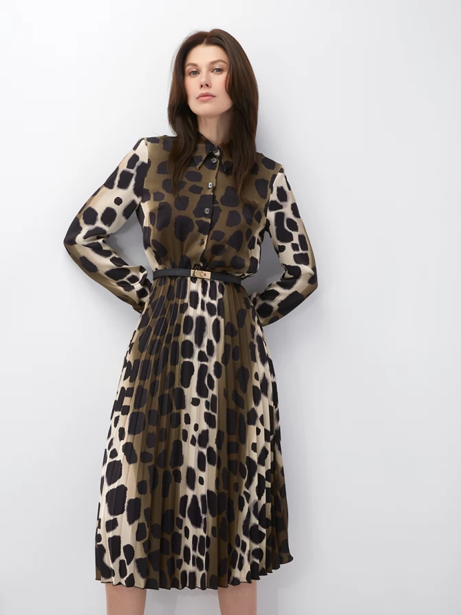 Платье с юбкой плиссе OD-883-1 леопард коричневый с хаки