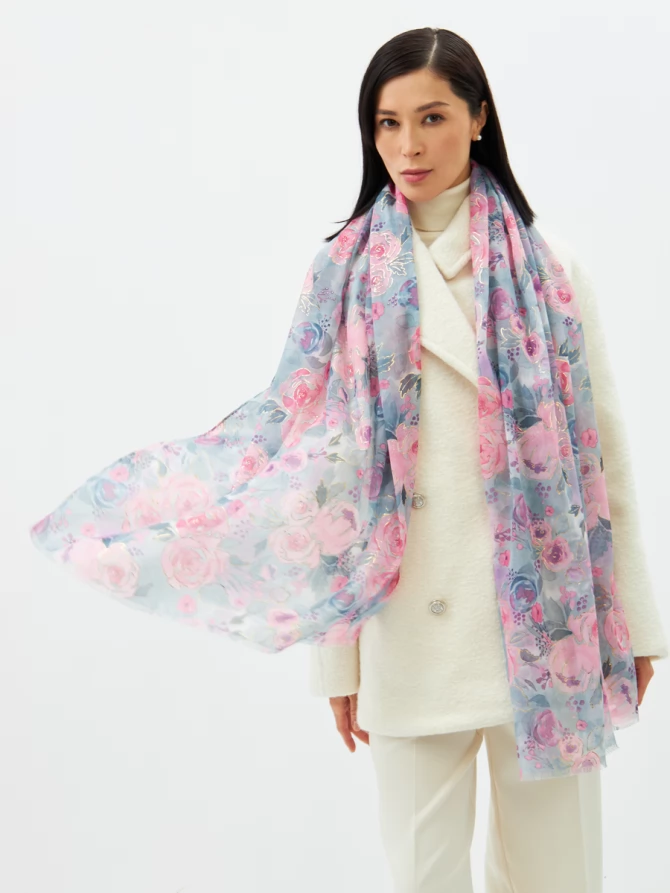 Палантин женский двусторонний с цветочным арт-деко принтом