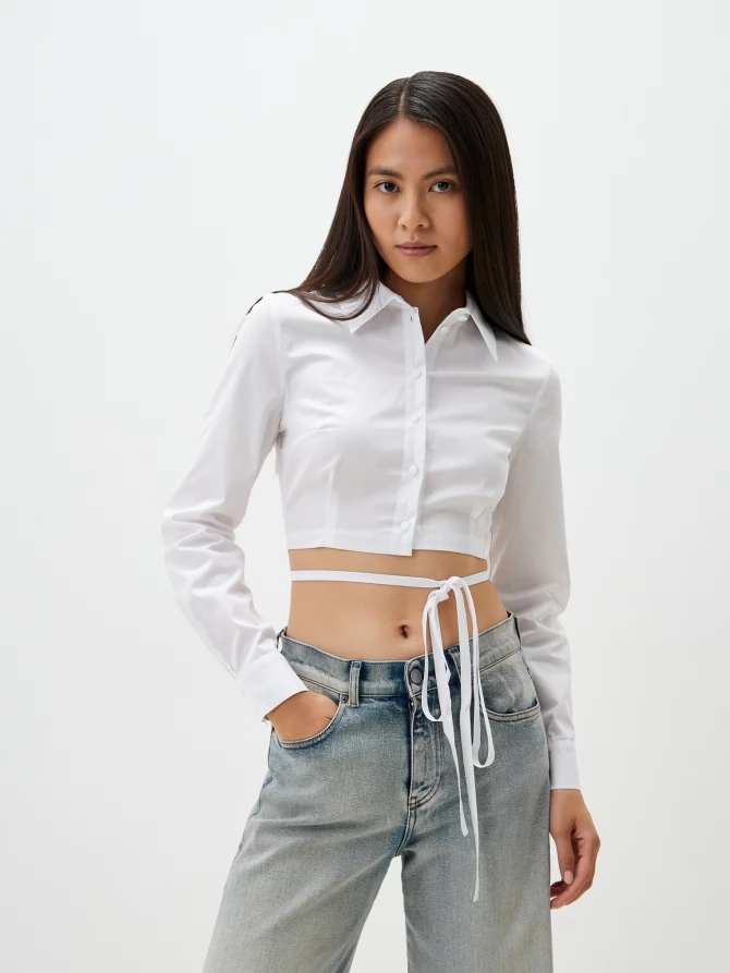 Блузка из хлопка короткая с завязками OD-872-1 белый