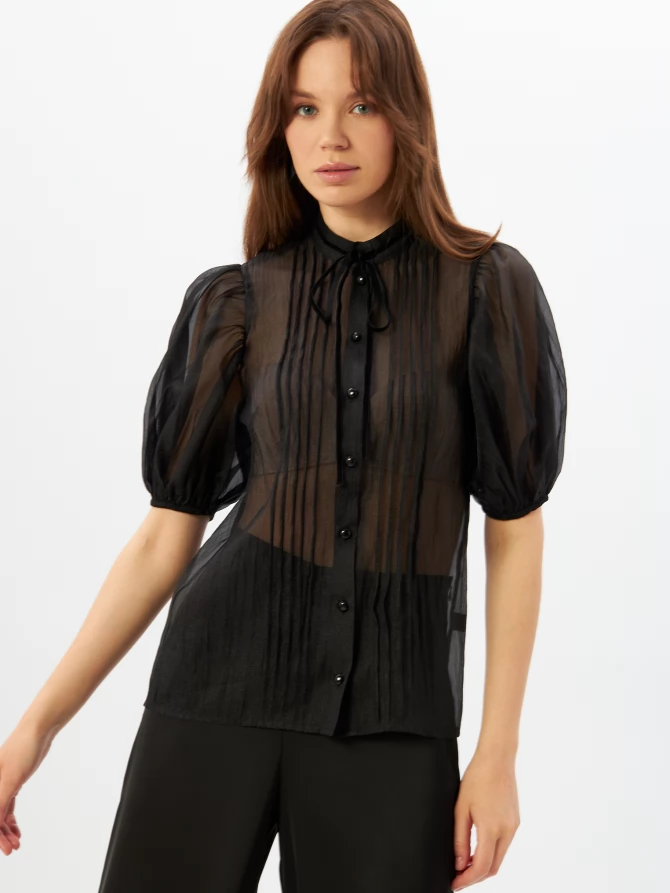 Блузка из органзы с бархатной завязкой и защипами  OD-951-3 черный