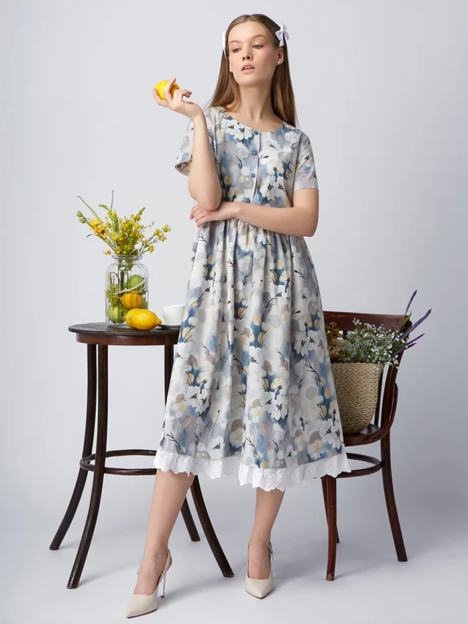 Платье из хлопка без воротника OD-727-9 крупные цветы на белом