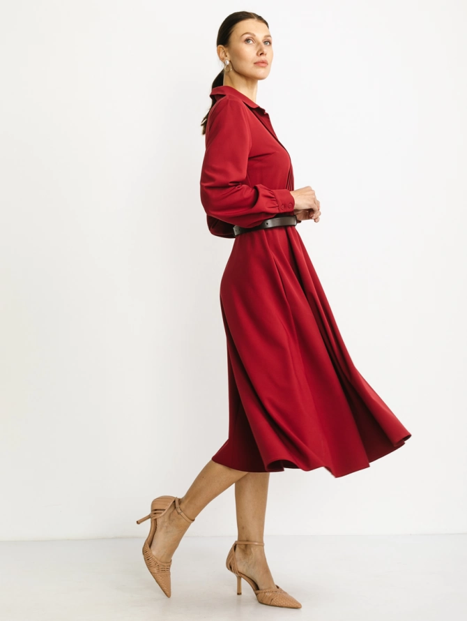 Платье бордовое миди с отложным воротником и складками OD-841-3