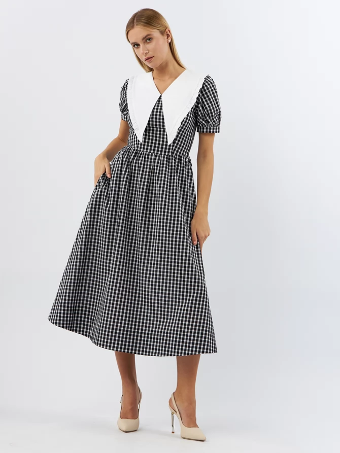 Платьеиз хлопка с большим контрастным воротником OD-935-1 клетка ч/б