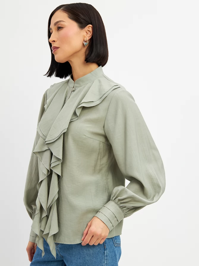 Блузкас отлетными рюшами OD-914-3 полынь