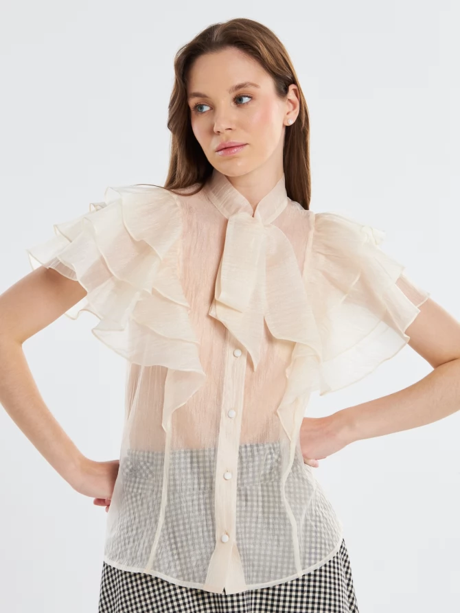 Блузка из органзы с рюшами и бантом OD-929-4 молочный