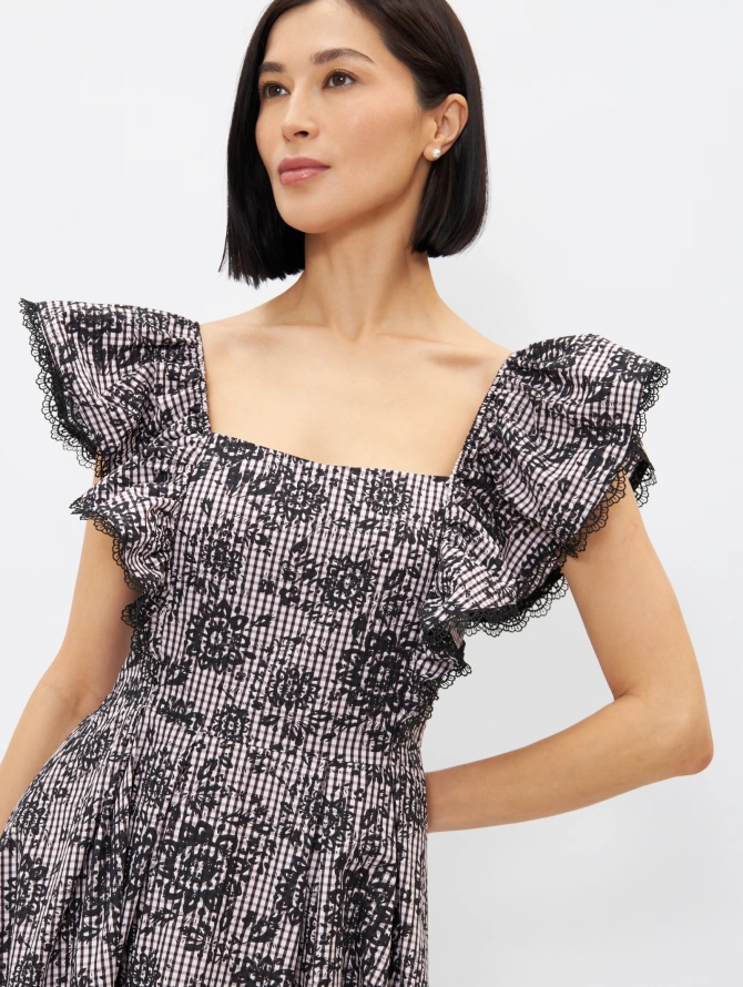 Платье из хлопка с кружевом OD-945-1, клетка ч/б с напылением