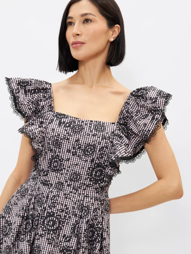Платье из хлопка с кружевом OD-945-1, клетка ч/б с напылением