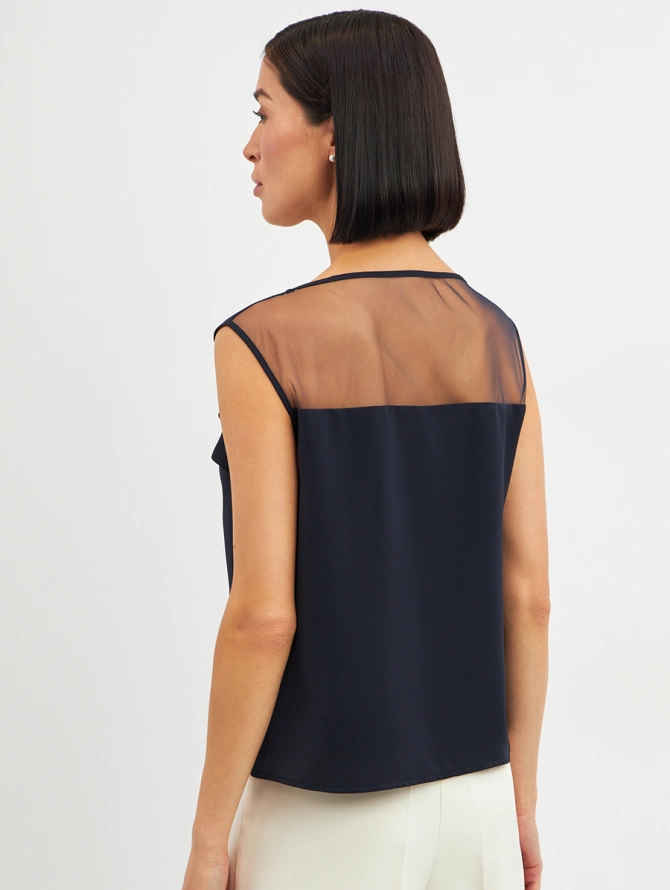 Блузка без рукавов с сеткой и воланом темно-синяя