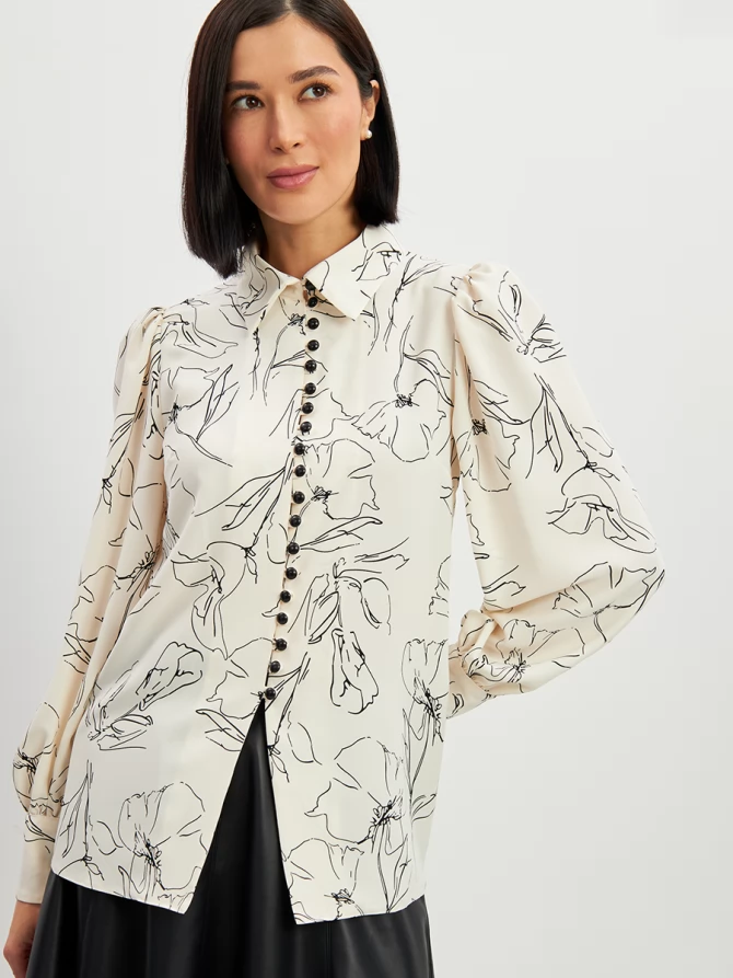 Блузка с принтом OD-639-29 белая черный цветок