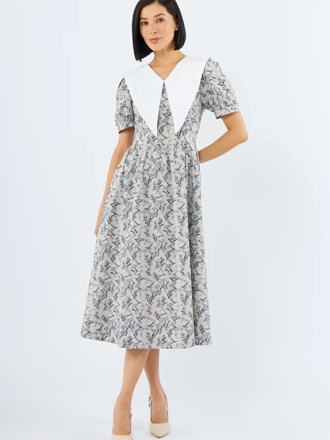 Платье из хлопка с большим контрастным воротником OD-935-3 цветы на бежевом