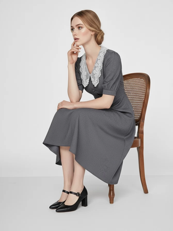 Платье с кружевным воротником  OD-888-1 серый