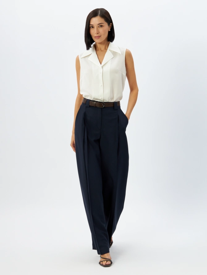 Брюки палаццо со складками, темно-синие